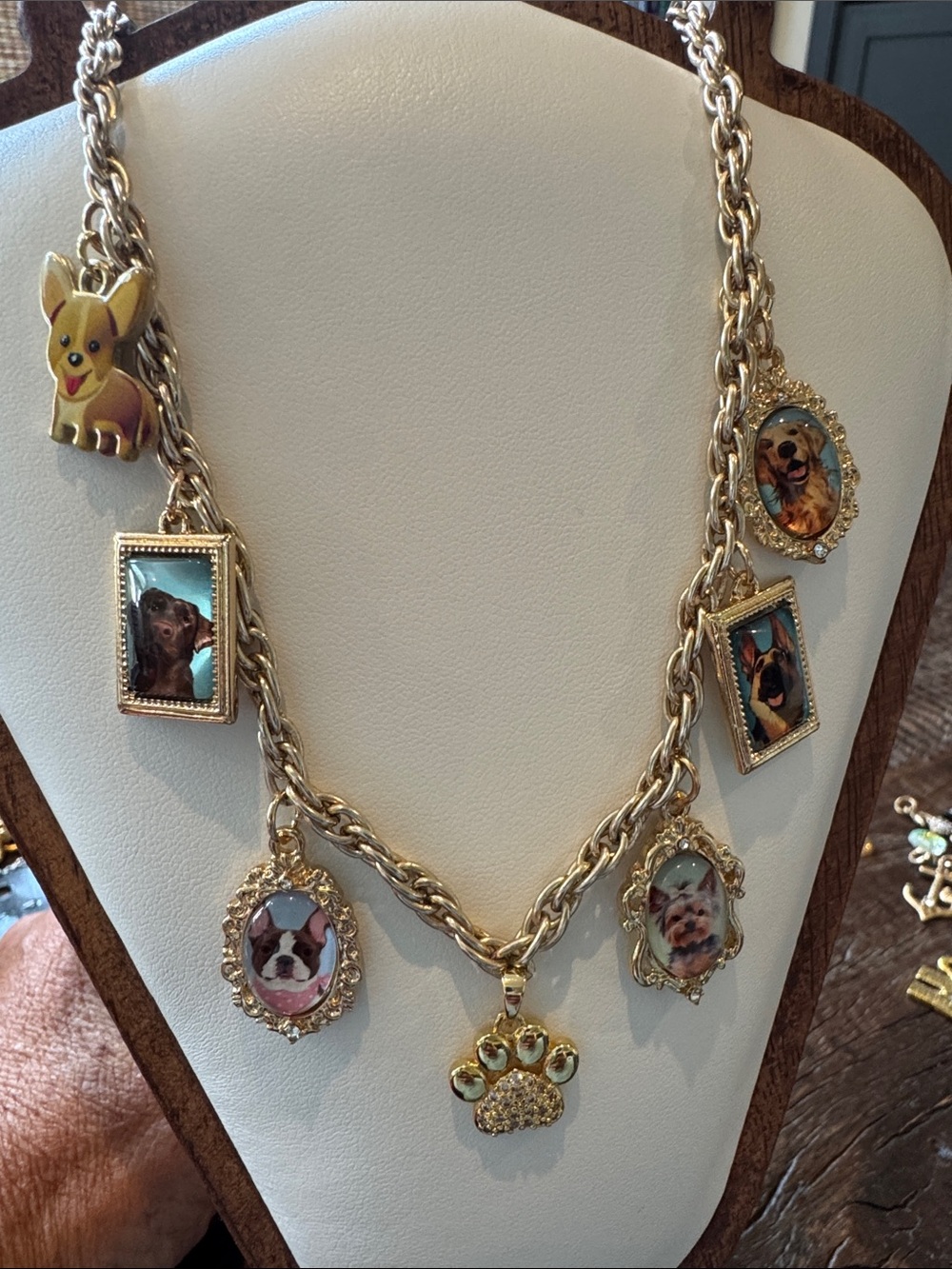 Gold dog Charm Necklace with Paw & Dog Photo Charms